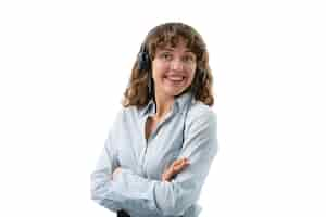 Free PSD medium shot woman working at call center