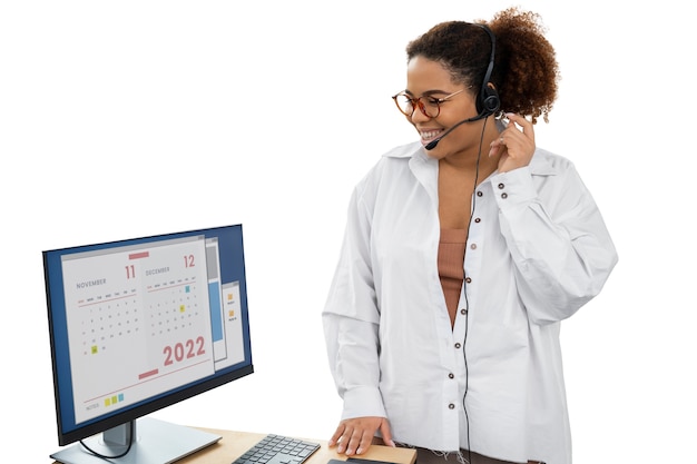 Free PSD medium shot woman working at call center