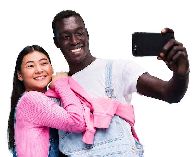 Medium shot young friends posing in studio