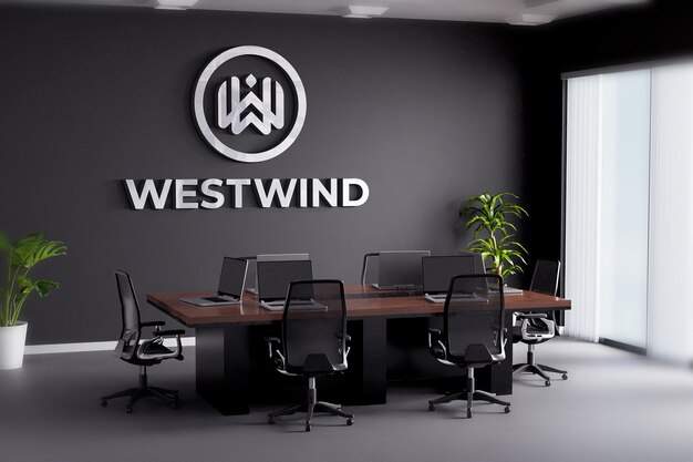 Download Premium Psd Logo Mockup Sign Meeting Room Black Wall