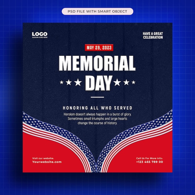 PSD gratuito modello di progettazione post sui social media del memorial day of the usa con bandiera americana