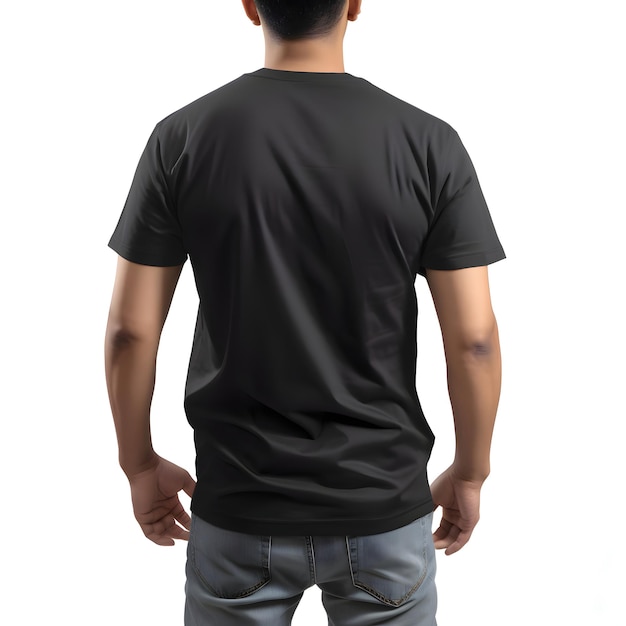 클리핑 경로와 함께 색 배경에 고립 된 빈 검은 티셔츠를 입은 남자
