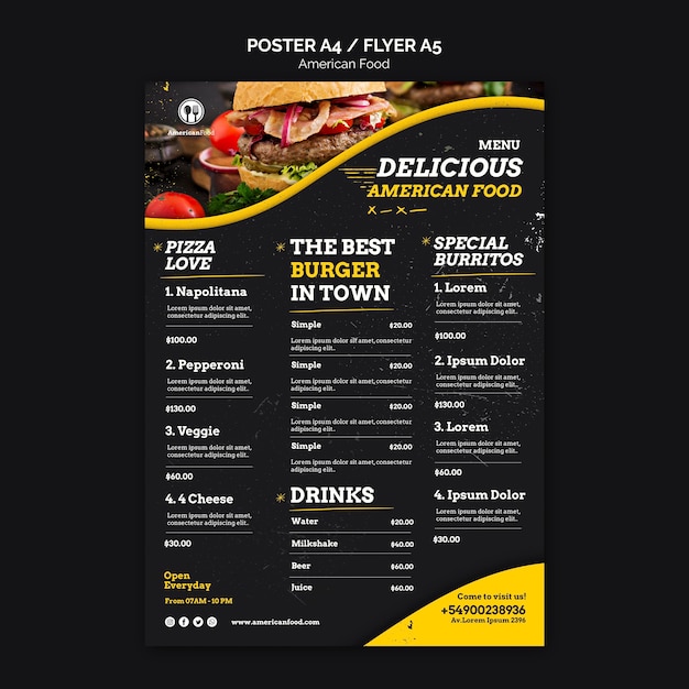 PSD gratuito menu design cibo americano