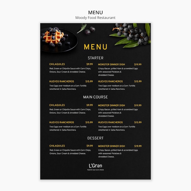 Free PSD menu template for moody food restaurant
