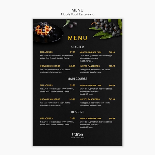 Menu template for moody food restaurant