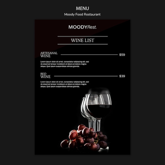 Menu template for moody food restaurant