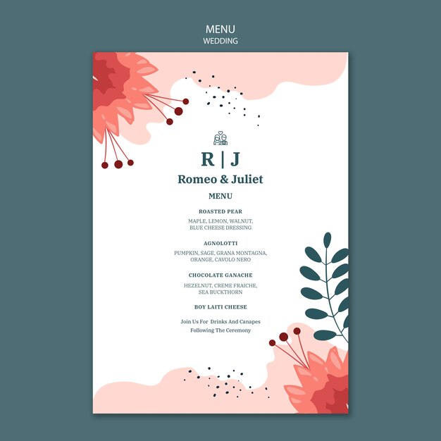 Menu template for wedding with flowers