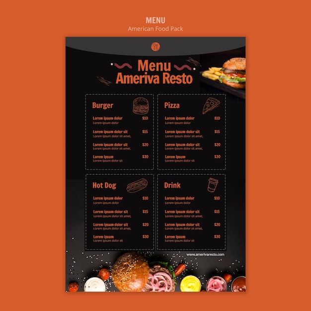 Menu template with american food