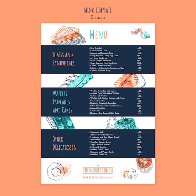 PSD gratuito modello di menu con corsi per ristorante brunch