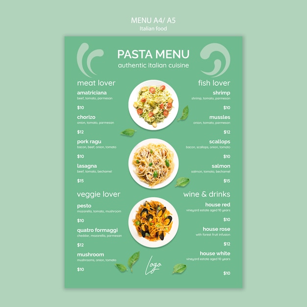 Modello di menu con tema di cibo italiano