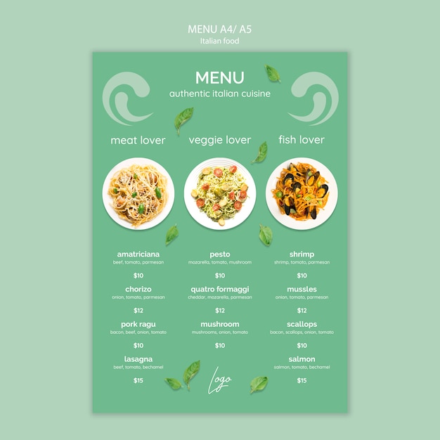 PSD gratuito modello di menu con cibo italiano