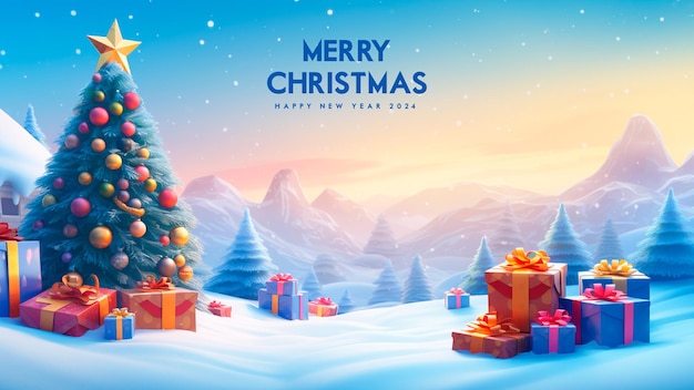 無料PSD メリー・クリスマスと新年あけましておめでとうございます 3d background template