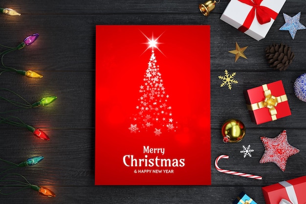 Free PSD merry christmas background and greeting card mockup with decoration