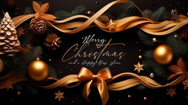 Free PSD merry christmas background with realistic golden ribbon