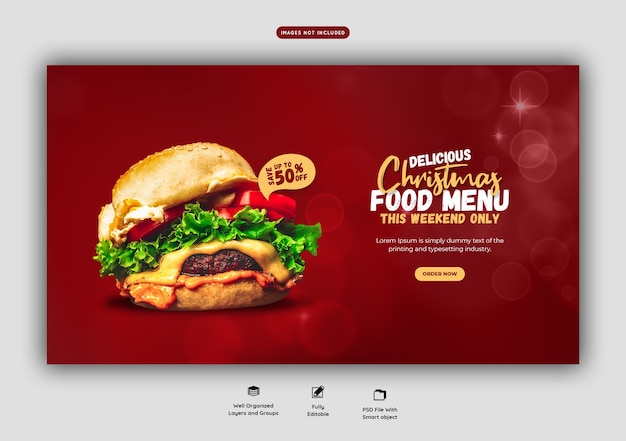 メリークリスマスおいしいハンバーガーとフードメニューのウェブバナーテンプレート