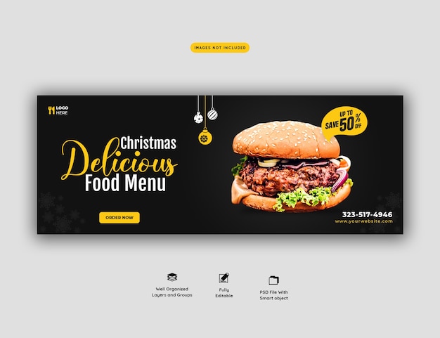 PSD gratuito buon natale delizioso hamburger e modello di copertina del menu di cibo