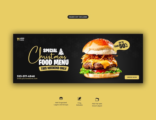 PSD gratuito buon natale delizioso hamburger e modello di copertina del menu di cibo