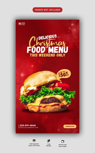 메리 크리스마스 맛있는 햄버거와 음식 메뉴 Instagram 및 facebook 스토리 템플릿