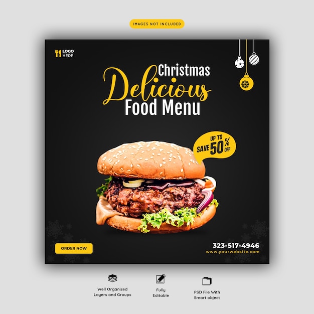 Buon natale delizioso hamburger e menu di cibo modello di banner di social media