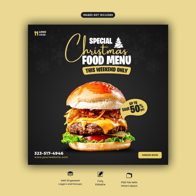 PSD gratuito buon natale delizioso hamburger e menu di cibo modello di banner di social media