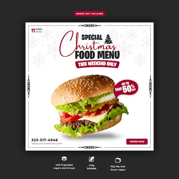 Free PSD merry christmas delicious burger and food menu social media banner template