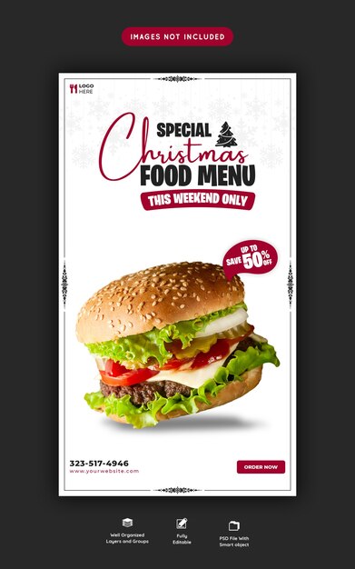 Merry christmas delicious burger and food menu social media story template