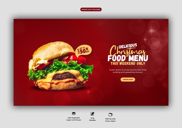 С рождеством христовым вкусный бургер и шаблон меню еды веб-баннер