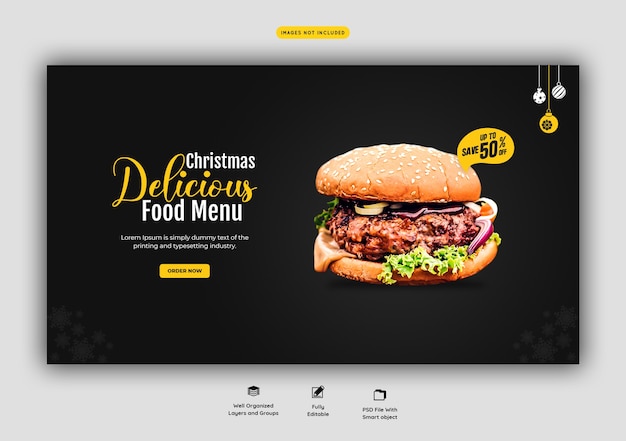 Buon natale delizioso hamburger e cibo menu modello di banner web