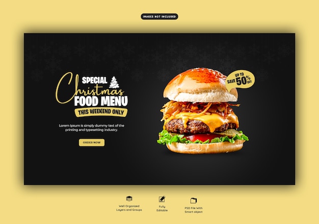 PSD gratuito buon natale delizioso hamburger e cibo menu modello di banner web