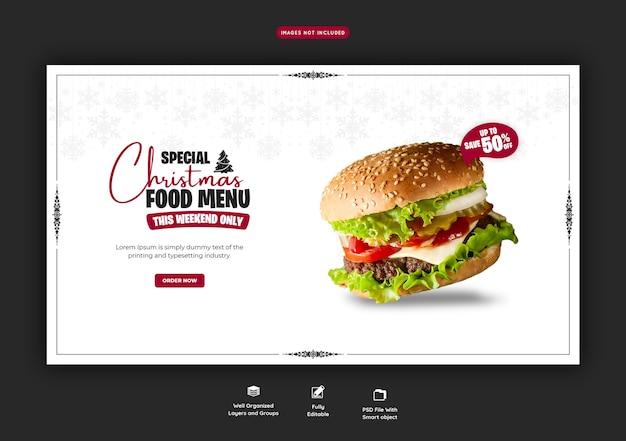 PSD gratuito buon natale delizioso hamburger e cibo menu modello di banner web