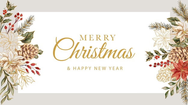 Free PSD merry christmas flower gold watercolor banner template