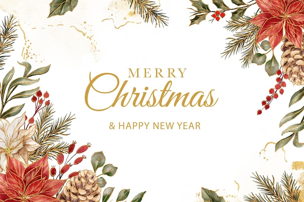 Free PSD merry christmas flower gold watercolor floral frame background