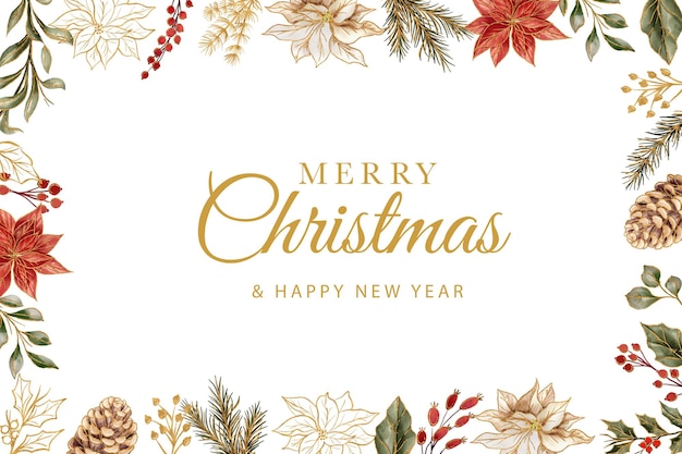 Merry Christmas Flower Gold Watercolor Floral Frame Background