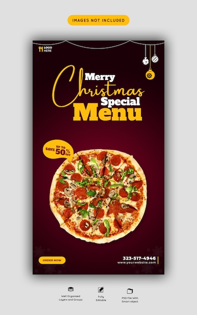 С Рождеством Христовым меню еды и вкусная пицца шаблон Instagram и facebook