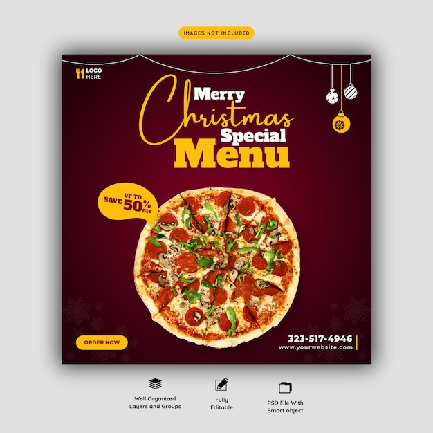 Merry christmas food menu and delicious pizza social media banner template