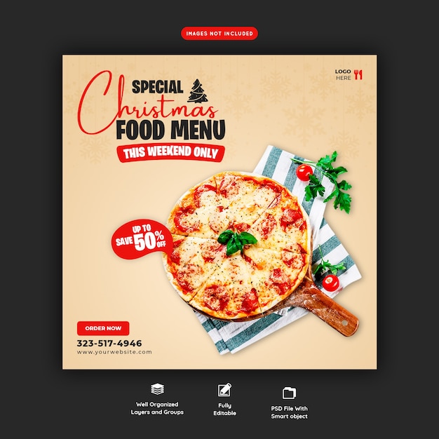 메리 크리스마스 음식 메뉴와 맛있는 피자 소셜 미디어 배너 템플릿