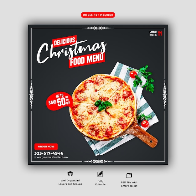 PSD gratuito buon natale menu di cibo e deliziosa pizza social media banner modello