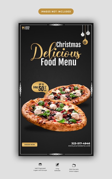 Merry christmas food menu and delicious pizza social media story template