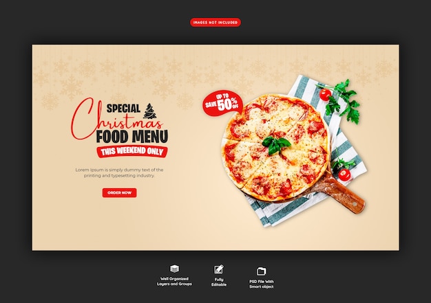 PSD gratuito menu di cibo di buon natale e modello di banner web pizza deliziosa