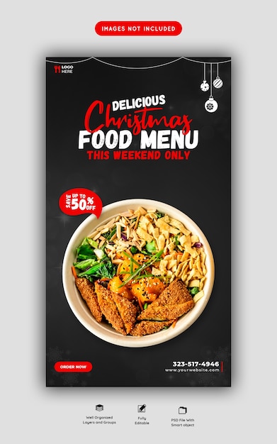 Free PSD merry christmas food menu and restaurant instagram and facebook story template