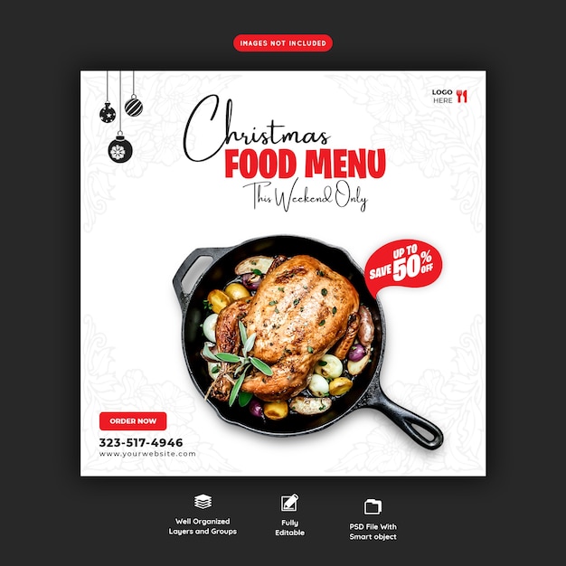 С Рождеством Христовым меню еды и шаблон баннера ресторана в социальных сетях