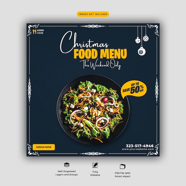 Buon natale menu cibo e ristorante modello di banner di social media