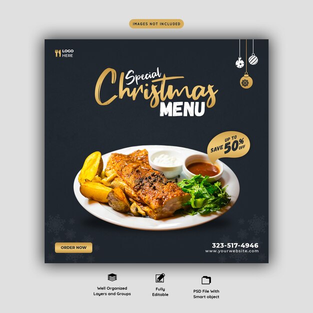 메리 크리스마스 음식 메뉴와 레스토랑 소셜 미디어 배너 서식 파일
