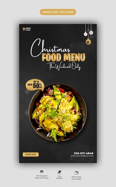 С Рождеством Христовым меню еды и шаблон истории ресторана в социальных сетях