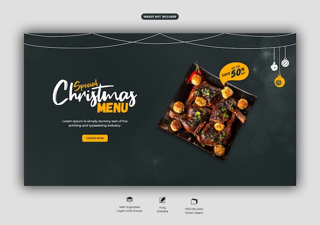 Merry christmas food menu and restaurant web banner template