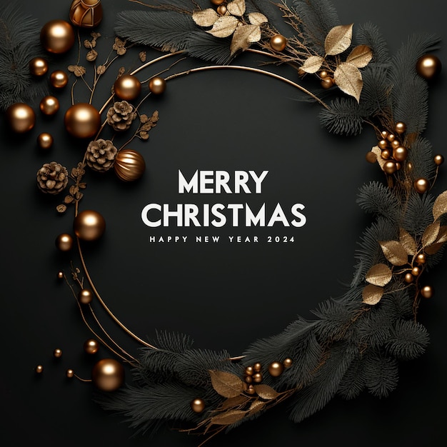 Merry Christmas Frame with Golden and Black Leaves Free PSD Download