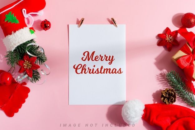 Merry christmas greeting card with accessories and gift boxes