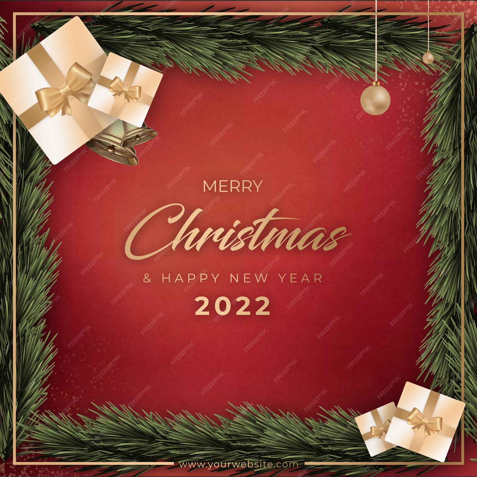 Free Christmas Gifts By Mail 2022 Premium Psd | Merry Christmas And Happy New Year 2022 Post Template With  Red Background Amp Gifts Confetti