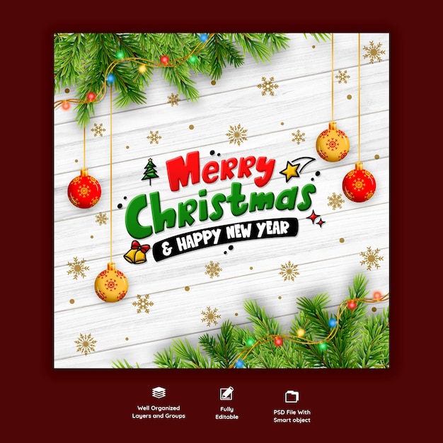 Free PSD merry christmas and happy new year social media banner or instagram post template