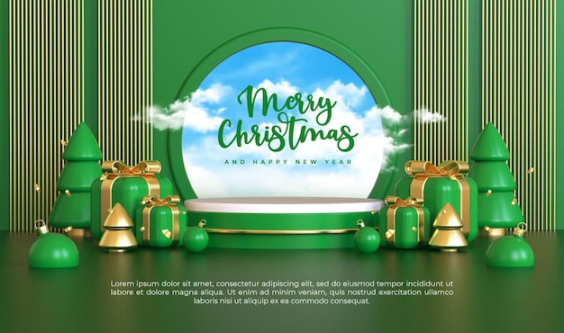 Merry christmas and happy new year with 3d empty podium product display and christmas ornaments